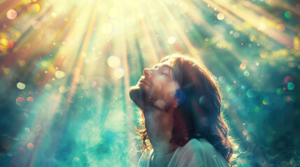 Portrait of Jesus Christ with sun rays and glittering bokeh - obrazy, fototapety, plakaty