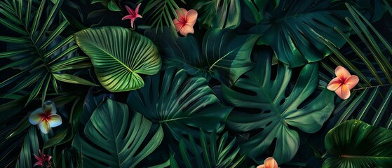 Dense tropical jungle pattern with exotic flowers. Botanical design for wallpaper, textile,