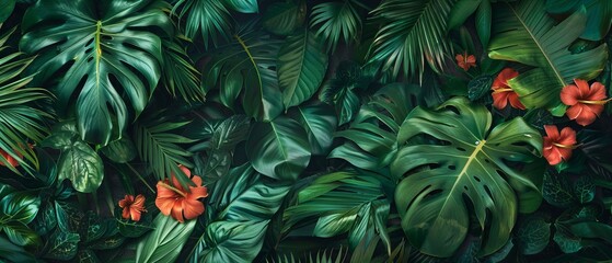 Dense tropical jungle pattern with exotic flowers. Botanical design for wallpaper, textile,