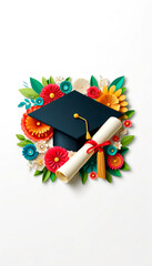 Graduation cap and diploma with colorful paper flowers on white; a symbol of academic success and future aspirations.