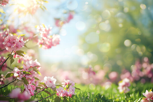 Spring Flowers and Bokeh Background: Pink and White Blossoms in a Lush Garden Scene with Tree Branches and Petals