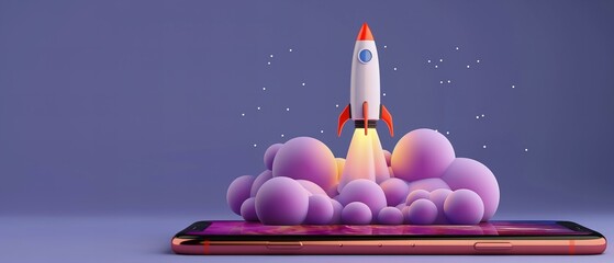 Minimalist rocket design launching from a smartphone. Creative concept for digital innovation