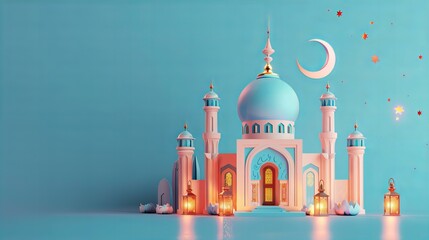 Obraz premium Ramadan Kareem greeting with 3D mosque design and decorative elements. Festive concept for Islamic