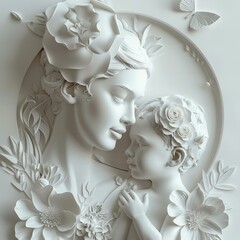 Mother and child silhouette with floral design elements. Tender and artistic depiction for family
