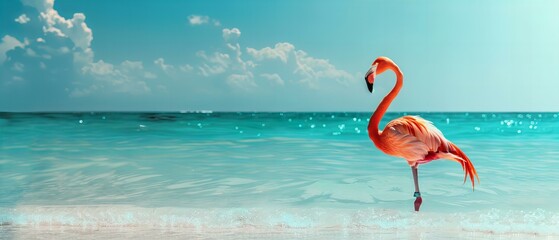 Flamingo standing on a beach. Wildlife and tropical vacation concept. Suitable for travel