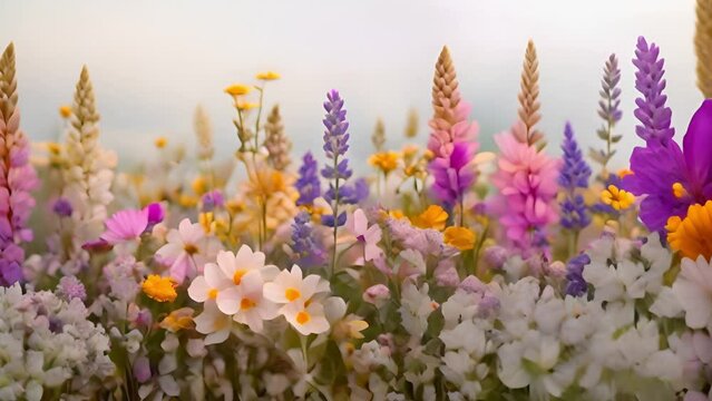 Wildflowers and herbs with example of a bouquet of these flowers. Botanical collection, summer composition, white background. Moving in the wind 4k video