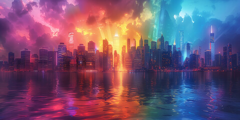 A city with buildings under a rainbow-colored sky banner