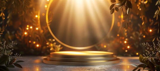 Gold podium on dark background with Gold Particles. Empty pedestal for award ceremony. Platform illuminated by spotlights