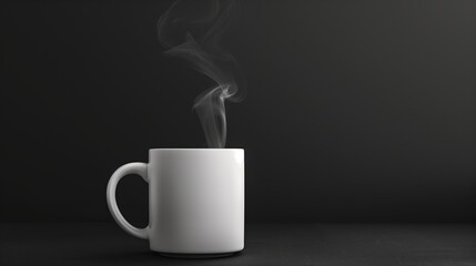 A clean white coffee mug with steam rising from it on a plain black background, minimalist concept, copy space for text
