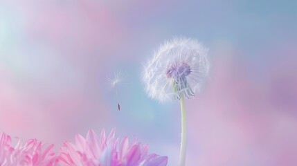 A close-up shot of a single dandelion with its seed floating away, set against a Solid Color Background