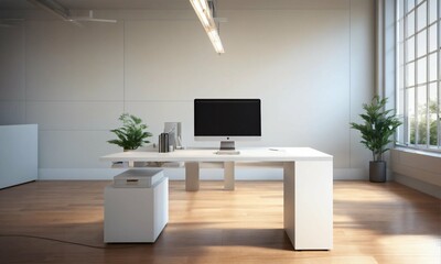white wood office desk, close up, cubic office, computer, perspective, modern, simple, photo-realistic, 8K, high-definition