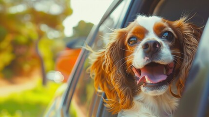 A cute happy dog with floppy ears sticking its head out of a car window - obrazy, fototapety, plakaty