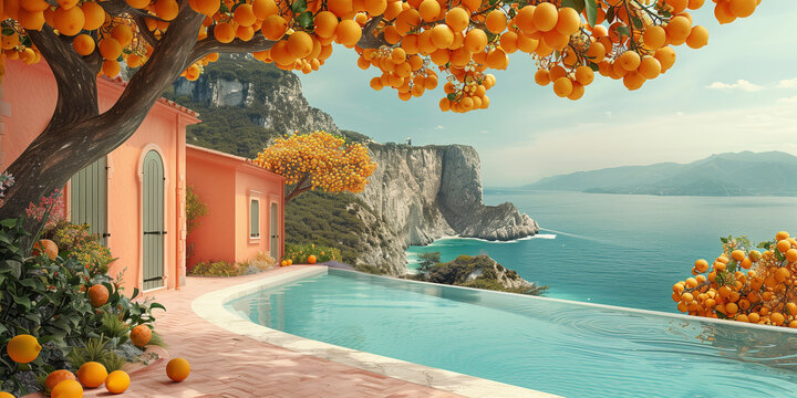 A lemons tree grows beside a pristine swimming pool banner