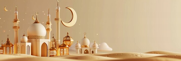 Abstract 3D render of a mosque with crescent moon in a minimalist style. Religious and cultural
