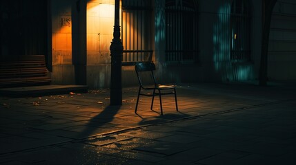 Fototapeta na wymiar A lone chair sitting under a dimly lit streetlamp, casting long shadows on an empty sidewalk