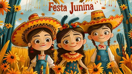 Illustration of three adorable children dressed in traditional Festa Junina costumes, surrounded by sunflowers and cacti, conveying happiness and cultural festivity.