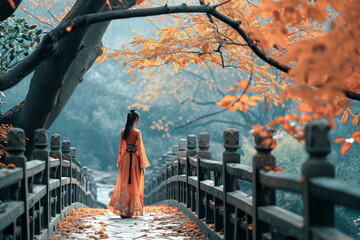 A person in traditional attire stands on a bridge amidst vibrant autumn foliage, creating a serene, dreamlike atmosphere