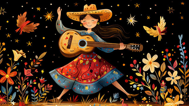 Illustration of a joyful girl wearing a hat and playing a guitar surrounded by colorful flowers and birds under a starry sky, depicting a vibrant Festa Junina scene.