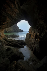 A serene cave view, overlooking a calm sea and rocky shore, bathed in natural light, evokes tranquility and introspection