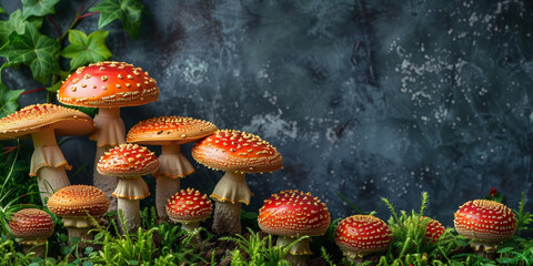 Multiple mushrooms growing in green grass field copy space banner
