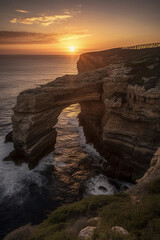 A majestic sunset at sea, highlighting a natural arch and rugged cliffs, with waves crashing and serene skies above