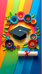 Vibrant graduation concept with cap and diploma amidst rainbow-colored stripes and paper flowers, great for celebration and education themes.