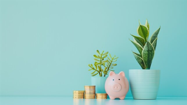 A minimalist photograph showcasing a sleek pink piggy bank positioned amidst a stack of gleaming gold coins and a single vibrant green plant, set against a crisp blue background