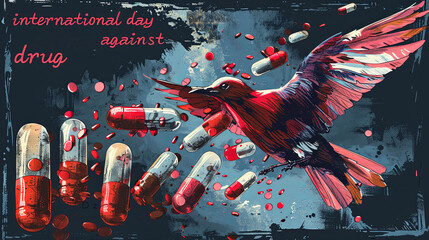 Artistic depiction of a vibrant bird soaring amidst falling pills, symbolizing hope and struggle against drug abuse. Targeted message for awareness and prevention campaigns. - 783773636