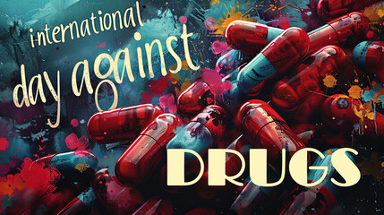 Impactful artwork representing the International Day Against Drugs, featuring colorful, scattered pills and expressive paint splashes, promoting drug awareness and prevention. - 783773637