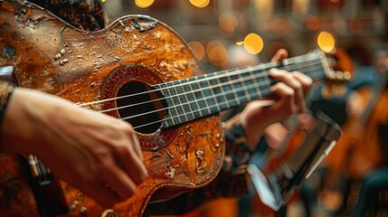 Close-up shot of skilled hands strumming a guitar with vibrant bokeh lights in the background,...