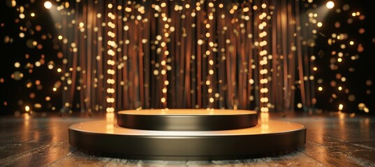 Gold podium on dark background with Gold Particles. Empty pedestal for award ceremony. Platform illuminated by spotlights