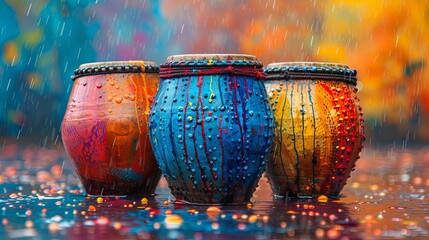 Traditional drums, wet from raindrops, on a colorful background, capturing the essence of World Music Day amidst a downpour. - 783773665