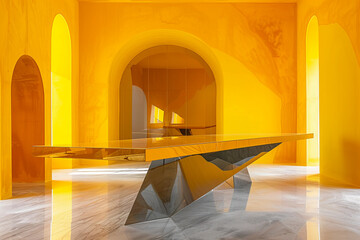 Imagine a sleek, futuristic table with geometric patterns, surrounded by walls painted in a vibrant, sunshine yellow hue  - obrazy, fototapety, plakaty