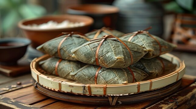Close-up of traditional zongzi, Chinese rice dumplings, tied with strings in a bamboo basket. This image showcases the festive food often enjoyed during the Dragon Boat Festival.