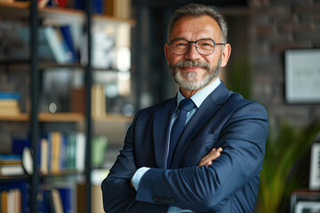 Fototapeta premium Happy mid aged business man ceo standing in office arms crossed. Smiling mature confident professional executive manager, proud lawyer, confident businessman leader wearing blue suit, portrait