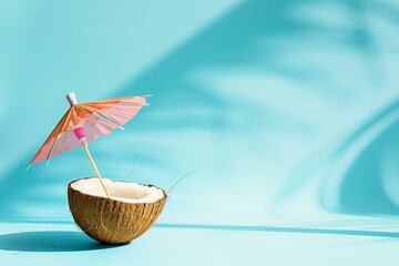 coconut half with a cocktail umbrella on a bright blue background, copy space, summer vibes