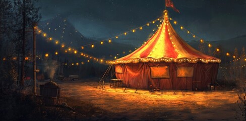 Vintage circus tent in an open field with dramatic clouds