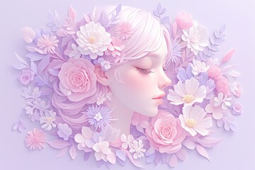 Beautiful paper art, pink and purple tones, floral frame with woman's face in profile, pink hair made of flowers