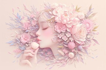 Beautiful paper art, pink and purple tones, floral frame with woman's face in profile, pink hair made of flowers
