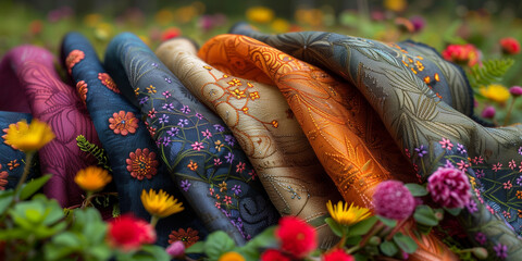 A group of colorful umbrellas laid out on the grass pattern textile - obrazy, fototapety, plakaty