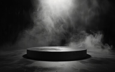 Gray textured concrete platform podium or table with smoke in the dark