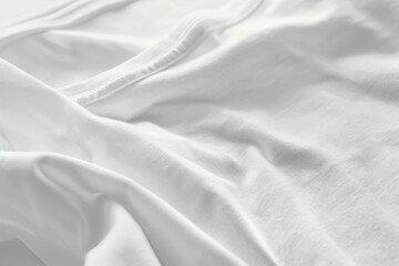 Closeup of white tshirt on top of white sheet in minimalist style with copy space