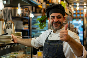 Male chef gesturing thumbs up next to a stove in a shop - obrazy, fototapety, plakaty