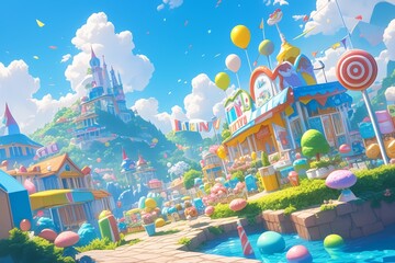 cartoon candy land with big lollipops, cupcakes and other sweets, pastel colors