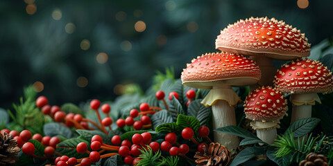 A cluster of mushrooms growing on the forest ground copy space