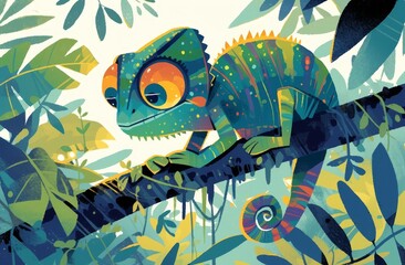 cartoon, colorful chameleon on a tree branch, in adorable eyes