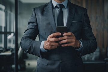 Businessman standing with smart phone in office - obrazy, fototapety, plakaty