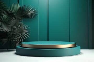 Elegant teal podium surrounded by lush tropical foliage against a serene aquamarine backdrop, perfect for high-end product displays