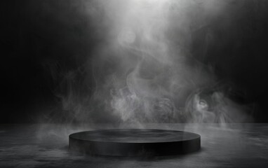 Gray textured concrete platform podium or table with smoke in the dark