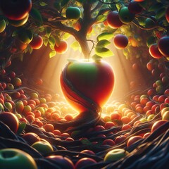 Radiant Orchard: A Mystical Journey Through the Enchanted Forest of Vibrant Apples - obrazy, fototapety, plakaty